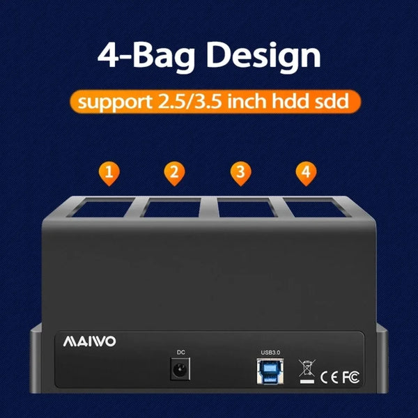 A MAIWO 4-Bag Design external hard drive docking station with four slots for 2.5/3.5 inch HDD SSDs.