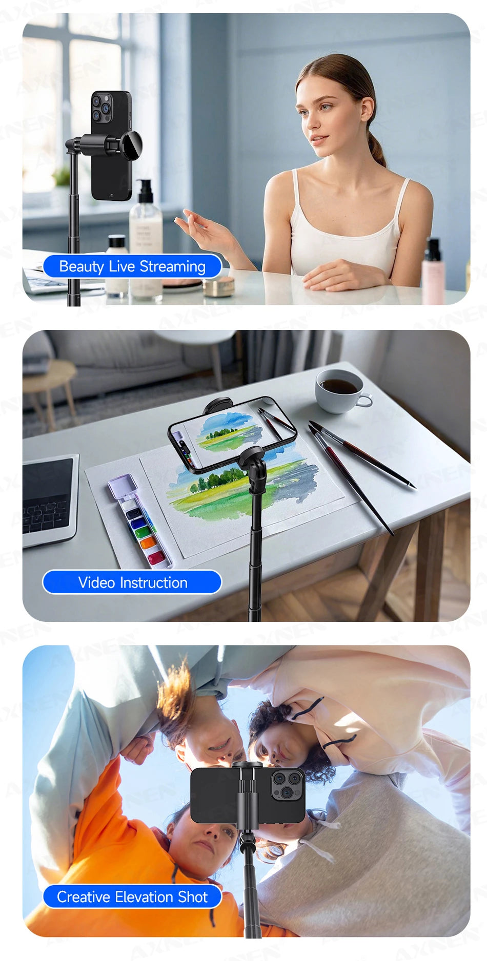 A tripod selfie stick is used for a creative elevation shot of a child.