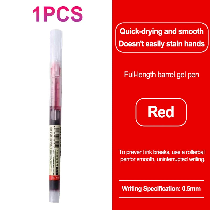 A single red full-length barrel gel pen with a fine point tip for smooth and smudge-free writing.