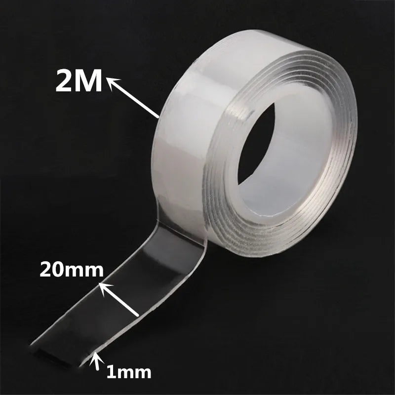 Roll of clear double-sided nano tape with a 2M width and a 1mm thickness shown on a black background.