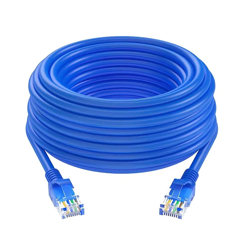 Blue high-speed Cat6 Ethernet cable coiled and with connectors visible