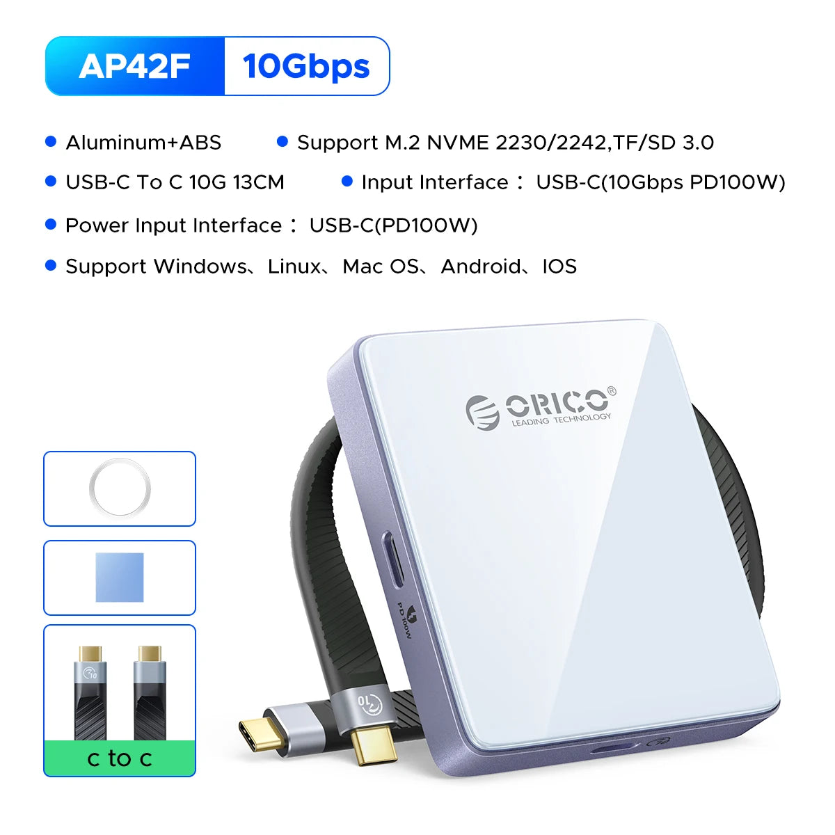 Una carcasa de SSD NVMe magnética plateada con caja morada y cable negro junto a especificaciones técnicas.
