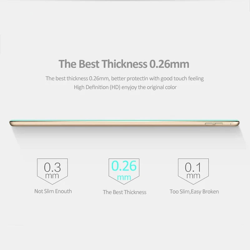 A product comparison showing different thicknesses of a screen protector, highlighting the best thickness at 0.26mm.