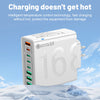 A white multi-port fast charging adapter with USB ports is shown against a snowy outdoor background.