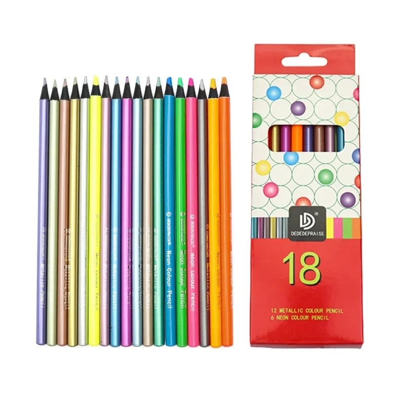 A box of 18 metallic and neon colored pencils for drawing and sketching.