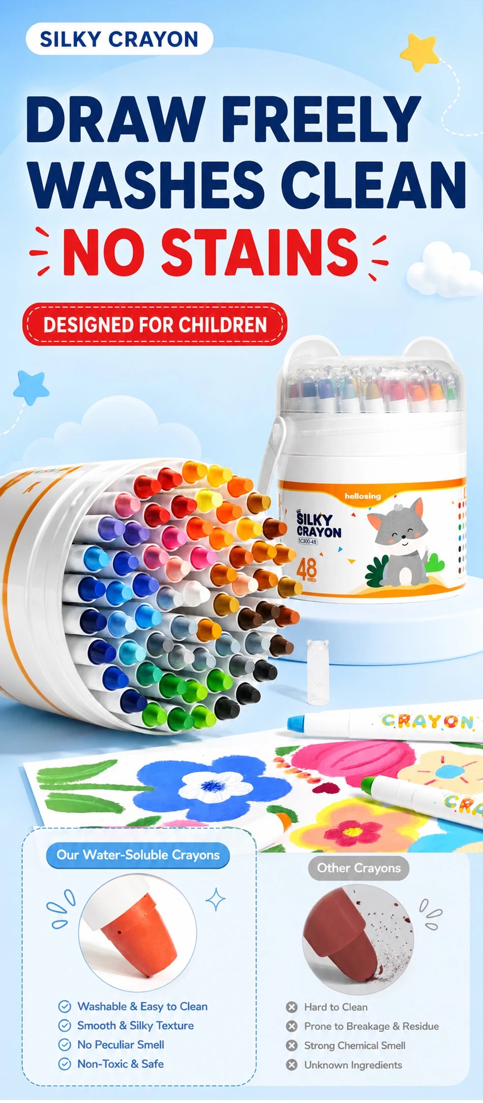 A set of silky crayon tubes and a box demonstrating that the crayons are water-soluble and stain-free for children.