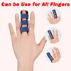 A hand demonstrates an adjustable finger splint worn on the finger, with diagrams showing its use for all fingers.