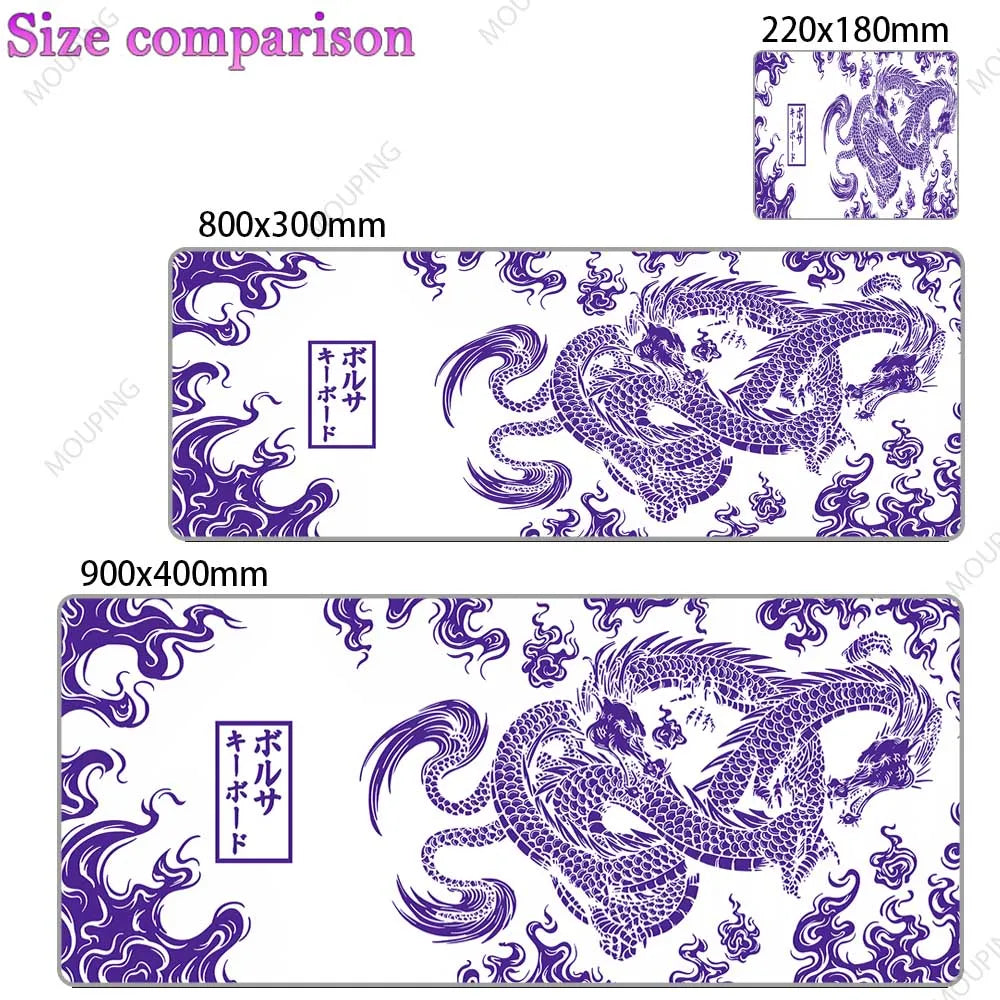 A purple and white Japan-style gaming desk mat featuring a detailed dragon design.