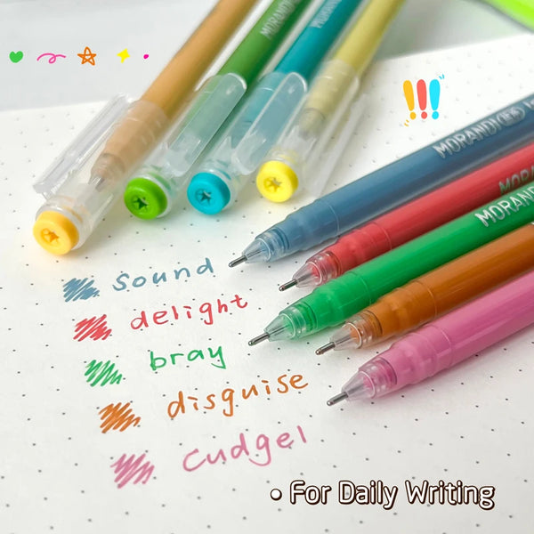 A set of nine Morandi retro gel pens in various colors laid out on a white paper with handwritten words.