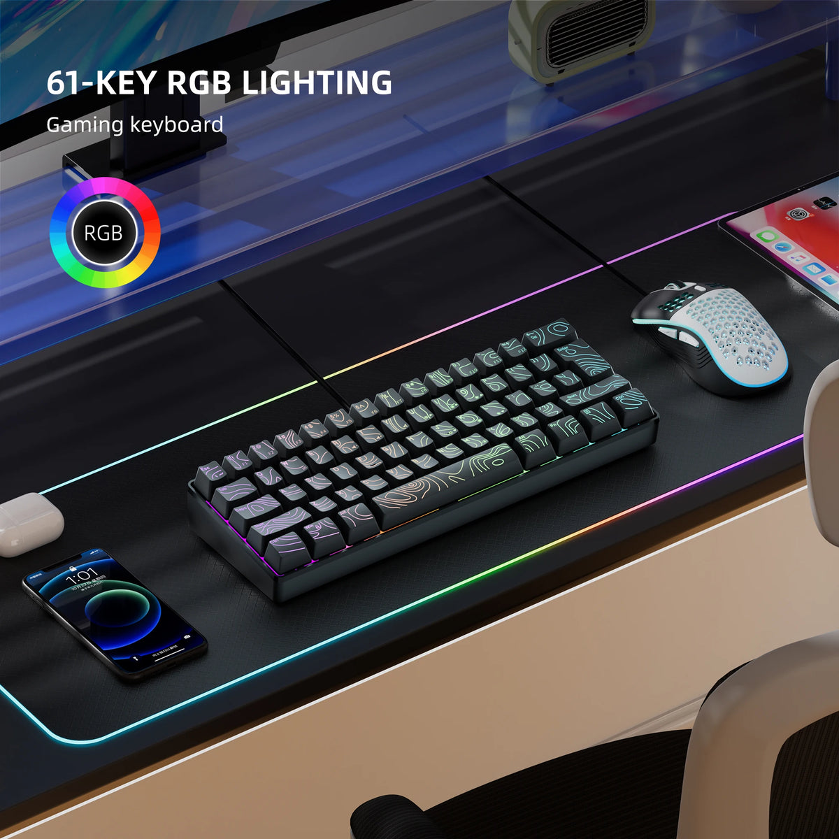 لقطة مقربة للوحة مفاتيح ألعاب سوداء بإضاءة RGB، وفأرة، وهاتف على سطح داكن.