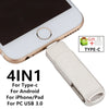A silver metal flash drive with multiple connectors for Type-C, Android, iPhone/iPad, and PC USB 3.0