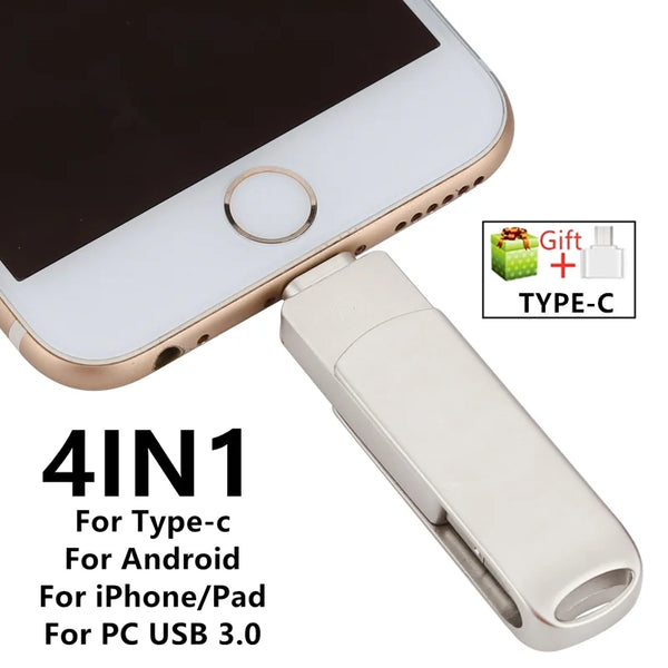 A silver metal flash drive with multiple connectors for Type-C, Android, iPhone/iPad, and PC USB 3.0