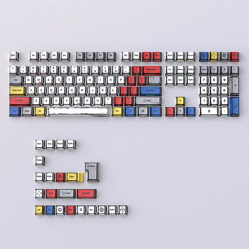 A full set of translucent PBT keycaps with side-printed legends in a cherry profile layout.