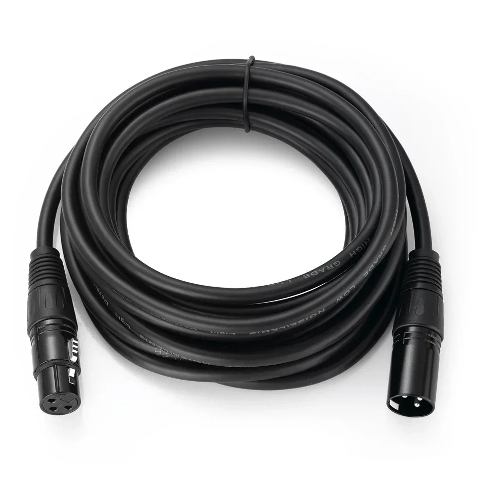 Black shielded XLR audio cable coiled and terminated with connectors