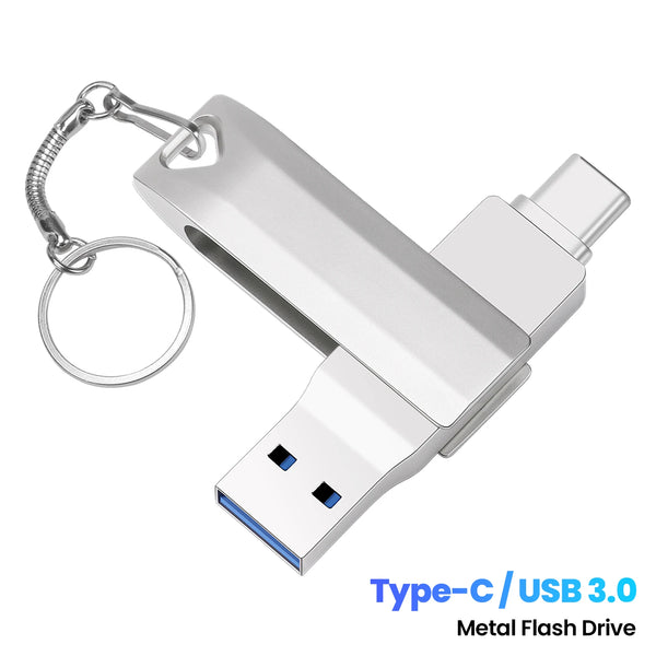 A silver metal flash drive with a keyring attached, featuring a USB-C connector.