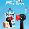 A black Pingu penguin rechargeable handheld fan with a rotating red head is shown against a blue background.