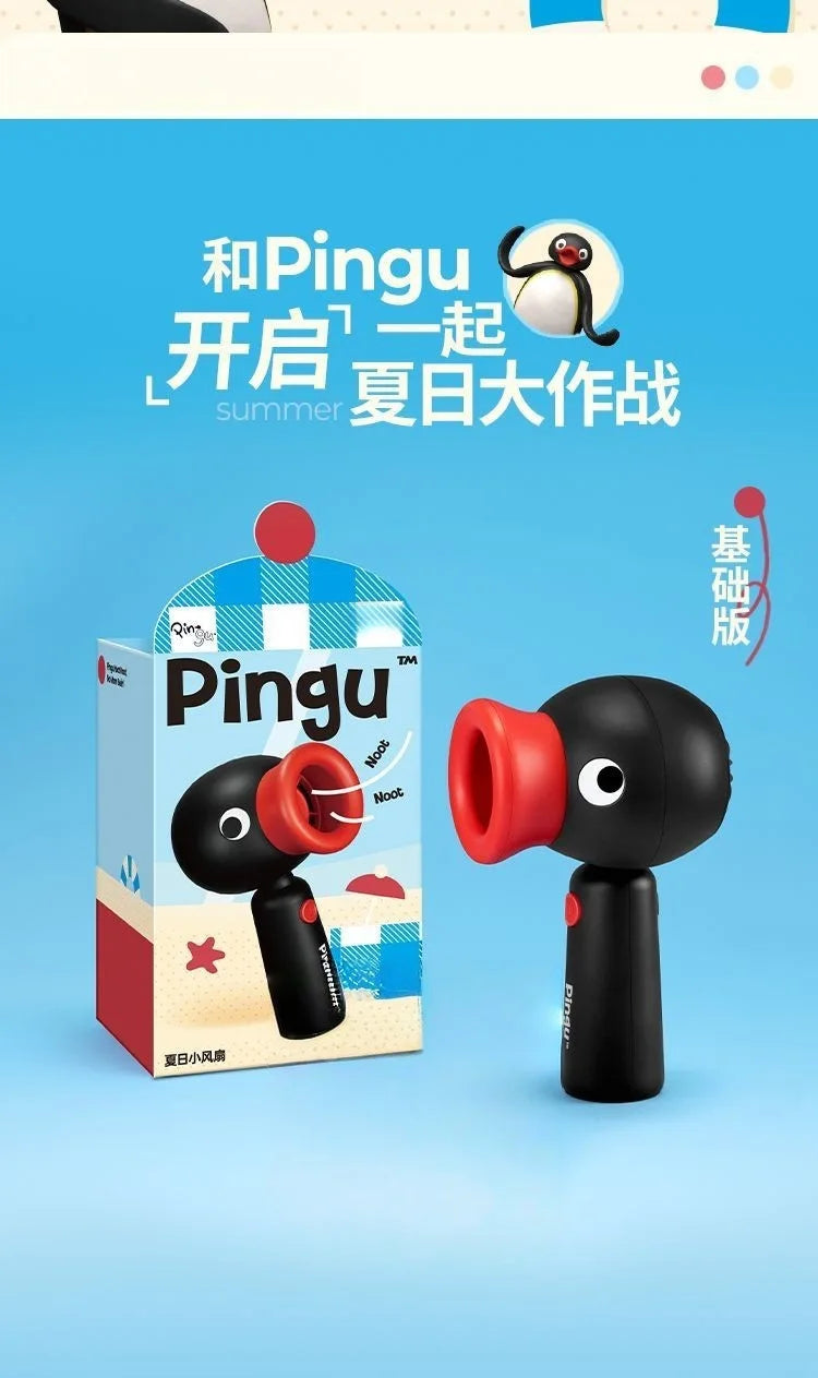 A black Pingu penguin rechargeable handheld fan with a rotating red head is shown against a blue background.