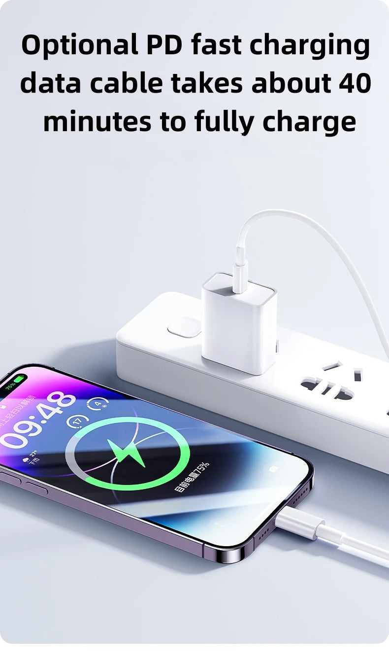 A close-up of an iPhone charging via a white USB-C cable and charger, with text indicating a 40-minute charge time.