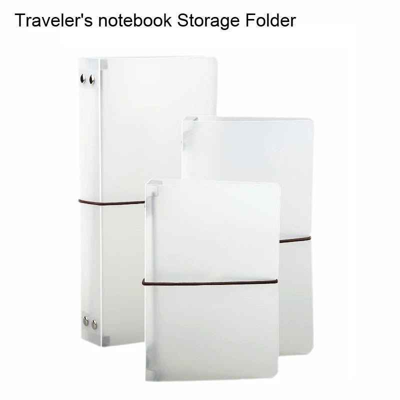 A white transparent notebook storage folder with a brown binding, designed for travelers.