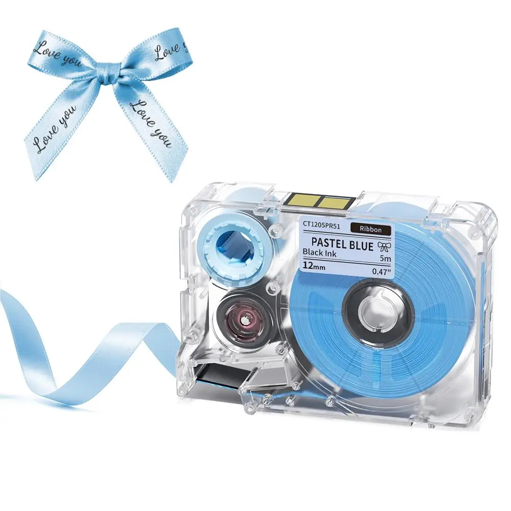 A clear label maker device with a ribbon and blue label being created.