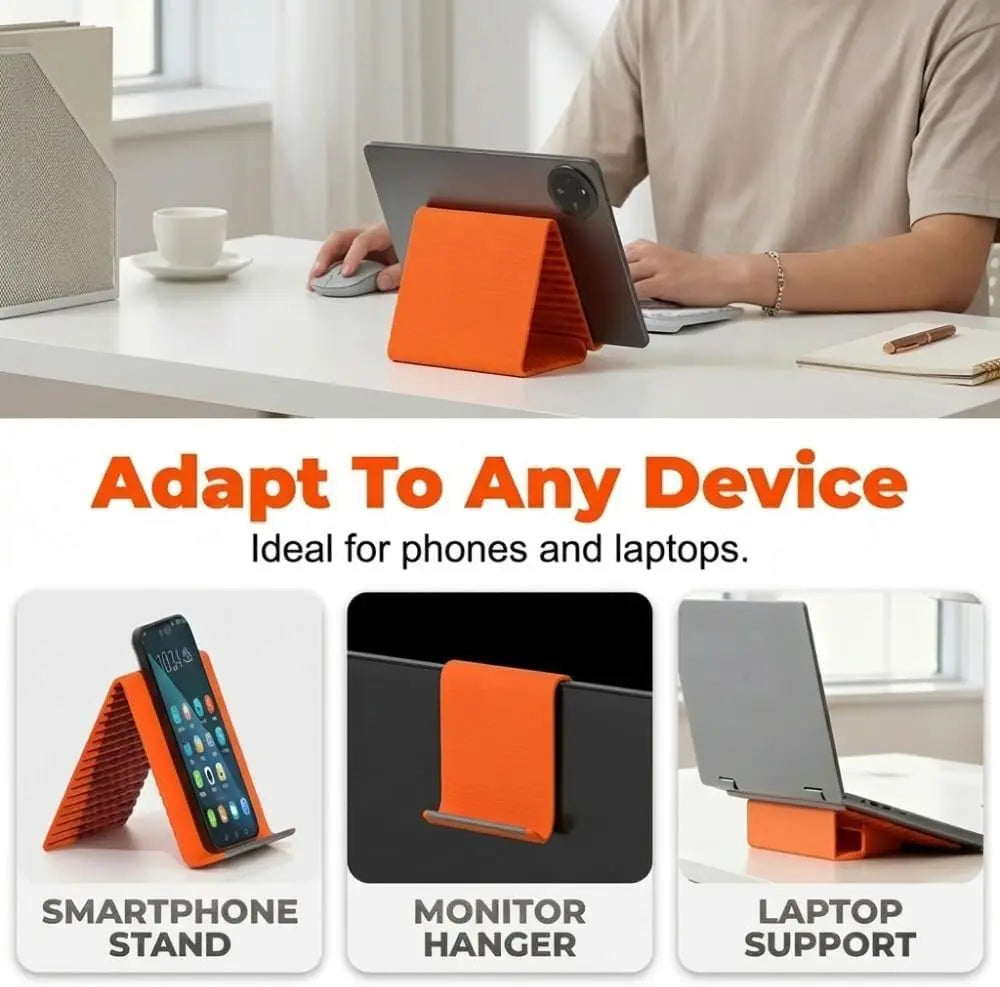 Orange silicone multi-angle stand used as a smartphone hanger and laptop support for devices.