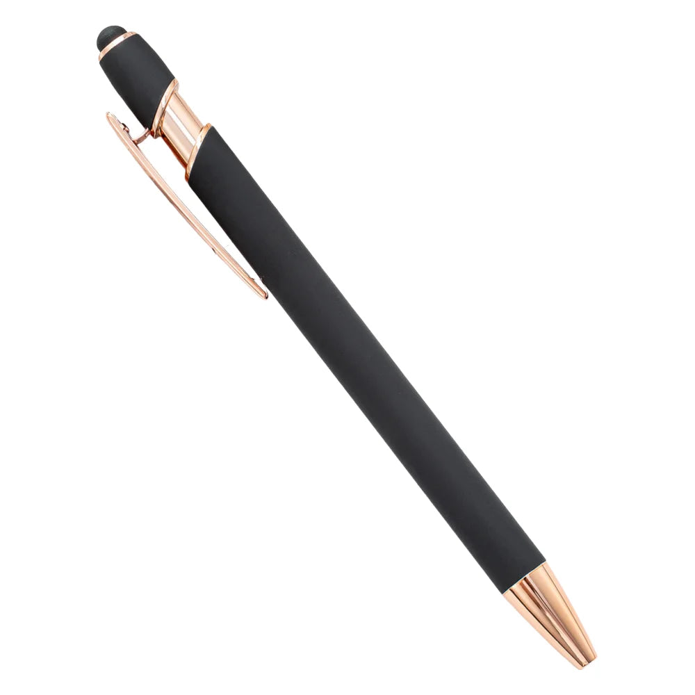 A black and gold 2-in-1 retractable stylus and ballpoint pen shown diagonally.