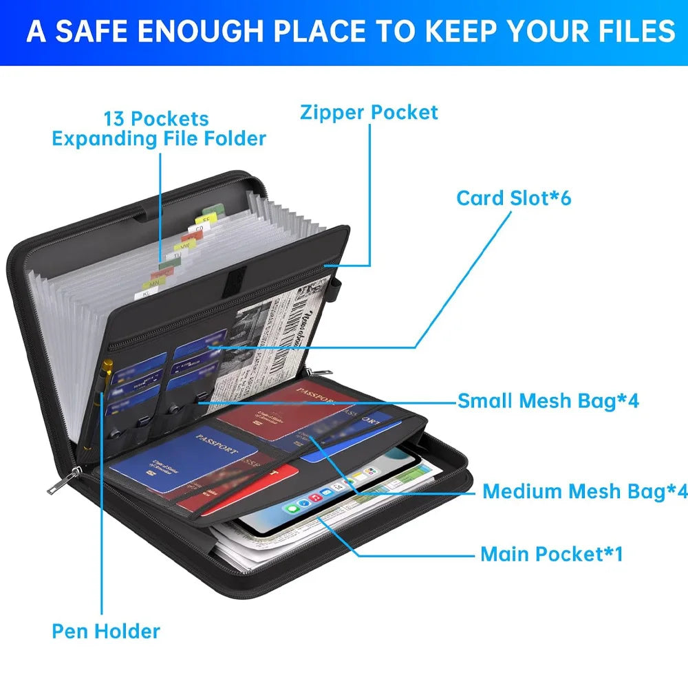 A black multi-compartment organizer file folder showing various pockets and slots for files and cards.