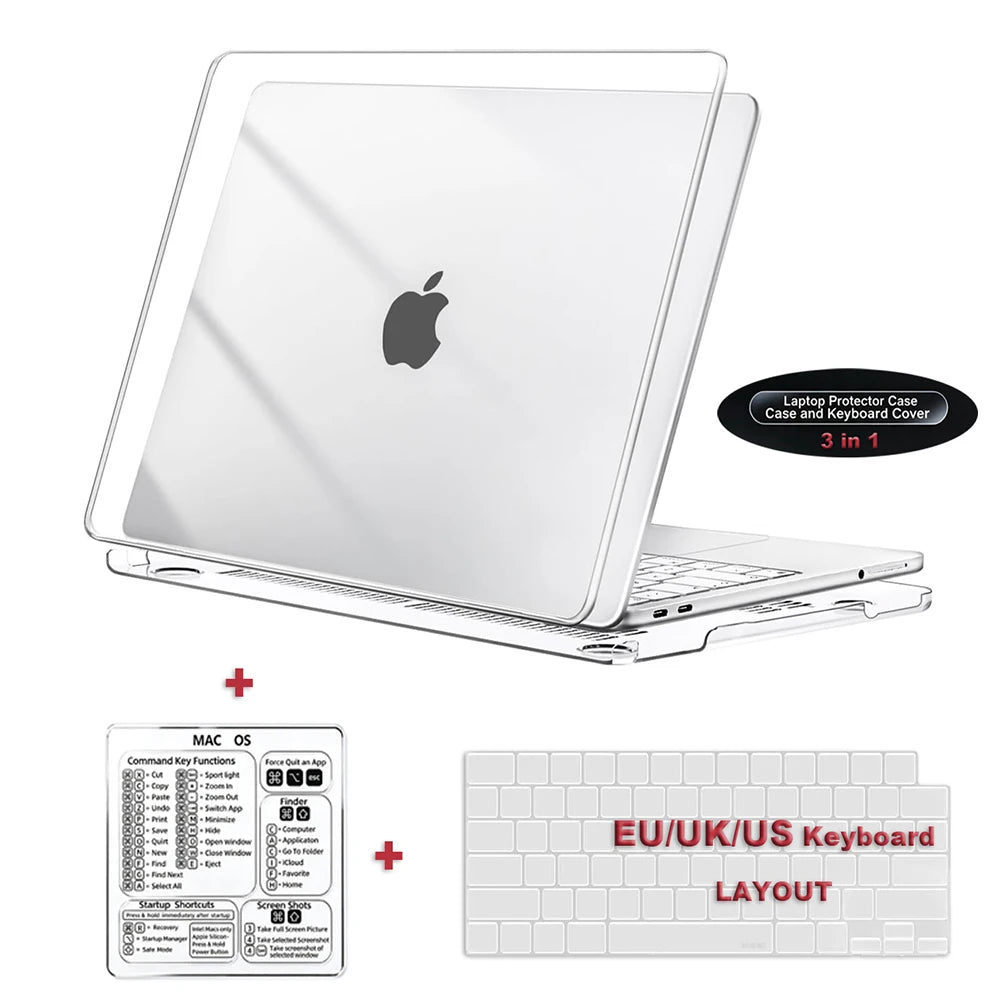 A white laptop protector case and keyboard cover for a MacBook Pro showing the layout of an EU/UK/US keyboard.
