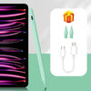 A precision magnetic stylus pen in light green is shown next to its charging cable and packaging box.
