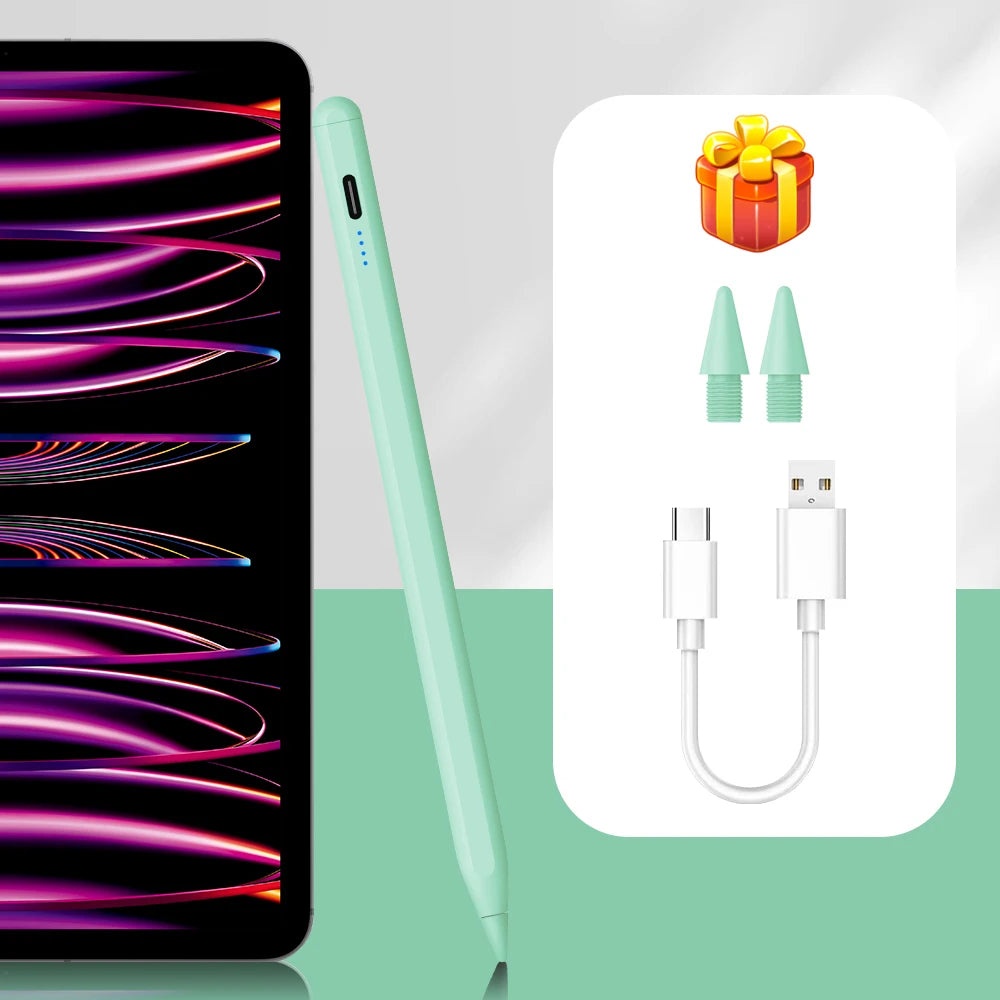 A precision magnetic stylus pen in light green is shown next to its charging cable and packaging box.