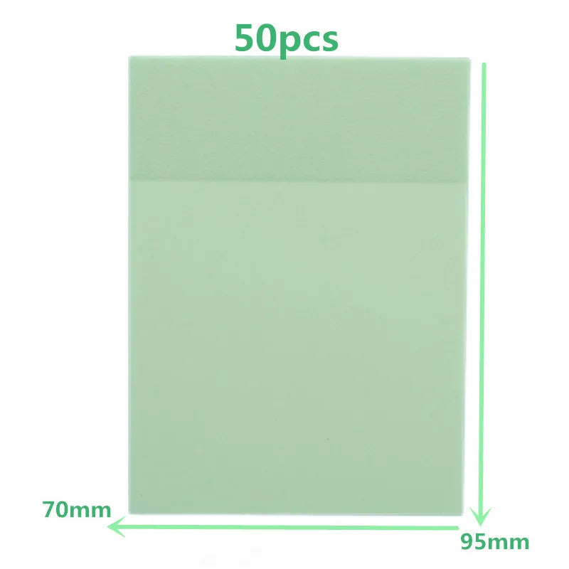 A rectangular sheet of light green transparent sticky note memo pad measuring 70mm by 95mm.