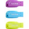 Three colored SanDisk USB 3.2 flash drives in purple, blue, and yellow.