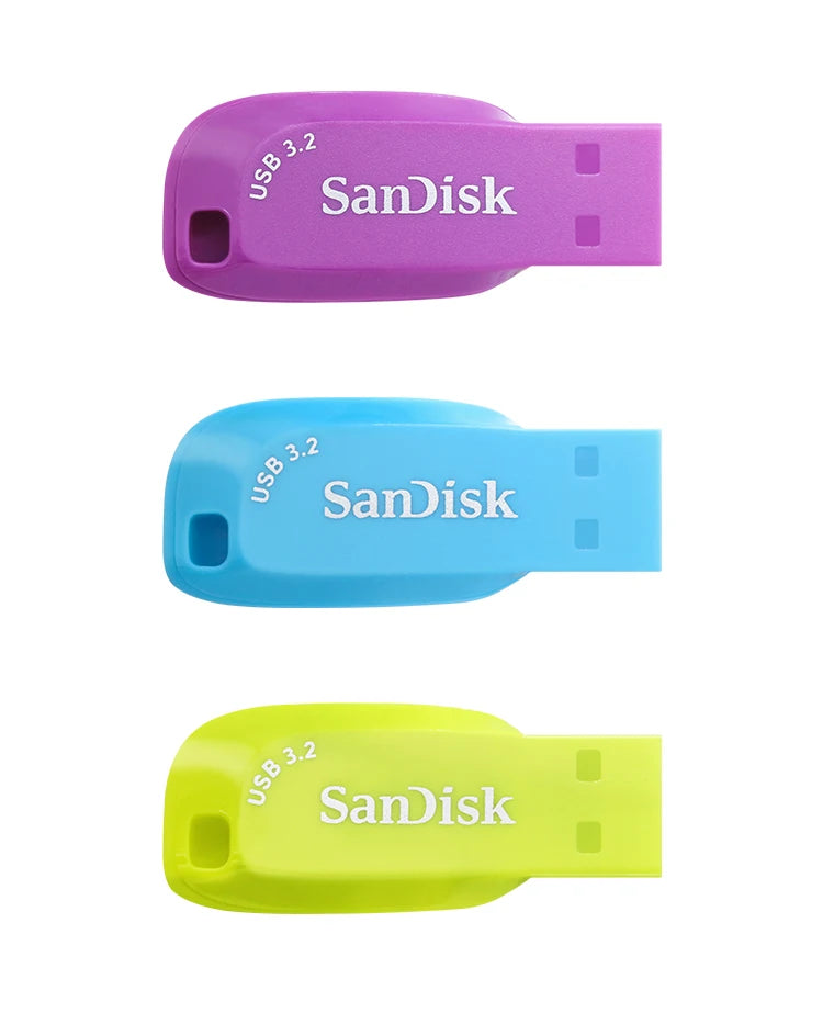 Three colored SanDisk USB 3.2 flash drives in purple, blue, and yellow.