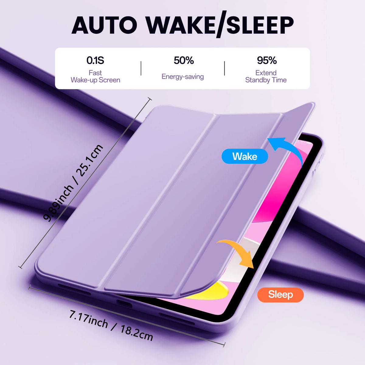 Funda magnética plegable morada para iPad, demostrando funciones de activación/apagado automático.