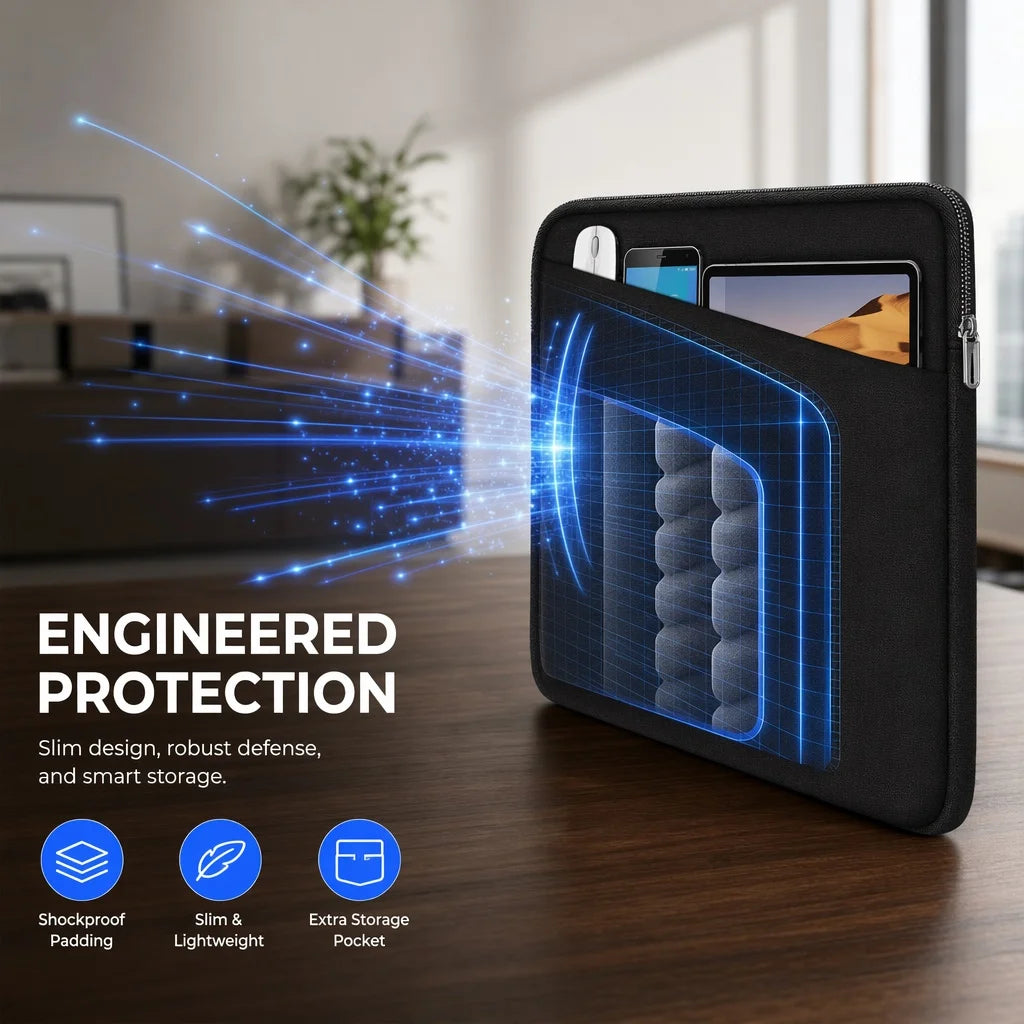 Housse d'ordinateur portable noire avec effets de lumière bleue montrant des fonctionnalités de protection, comme le rembourr