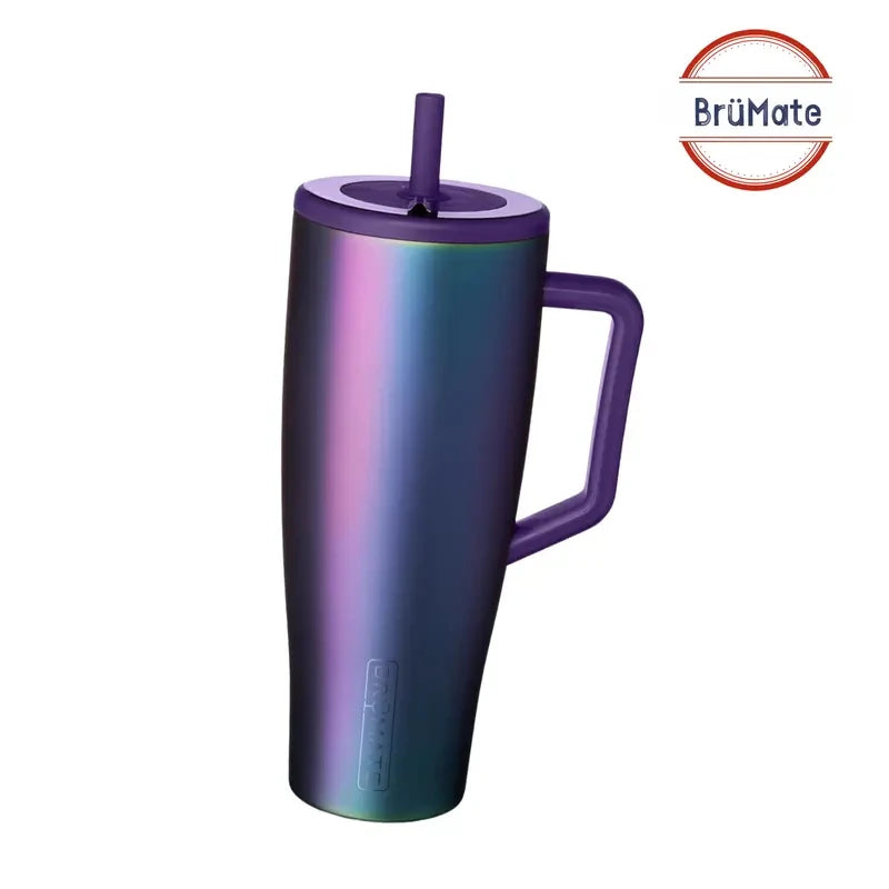 A purple Brümate Era insulated tumbler with a handle and straw.