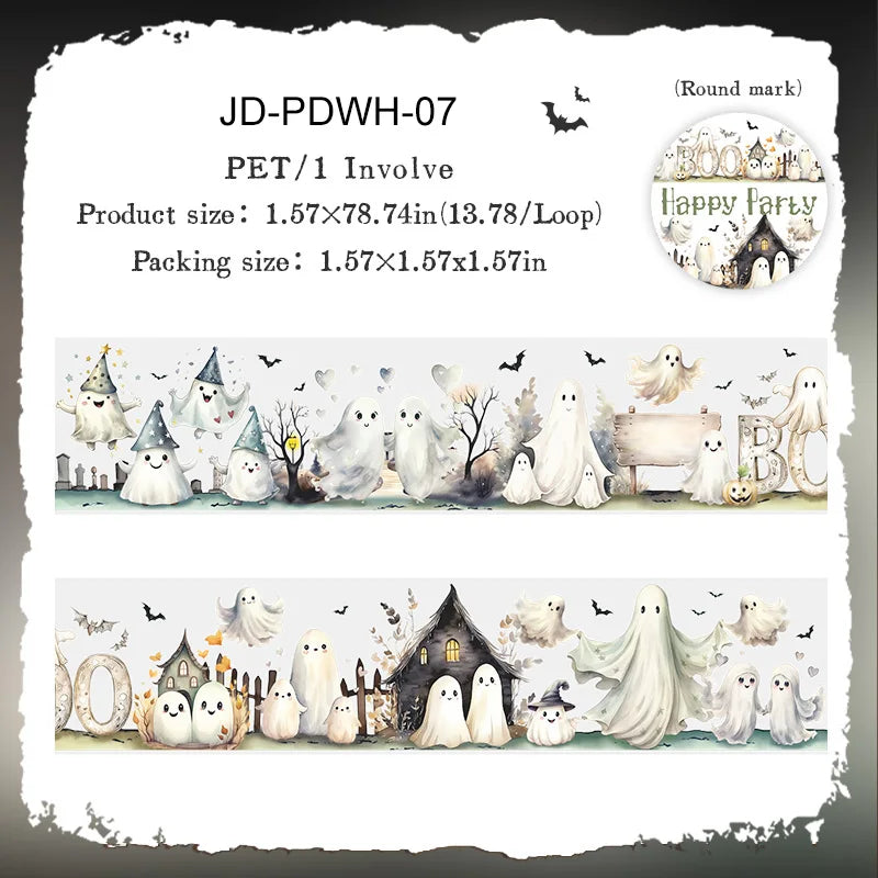 A sheet of JD-PDWH-07 masking tape featuring various white ghost and witch figures for Halloween crafts.