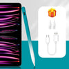 Präzises Stift-Stylus neben einem iPad mit Zubehör wie Geschenkbox und Ladekabeln.