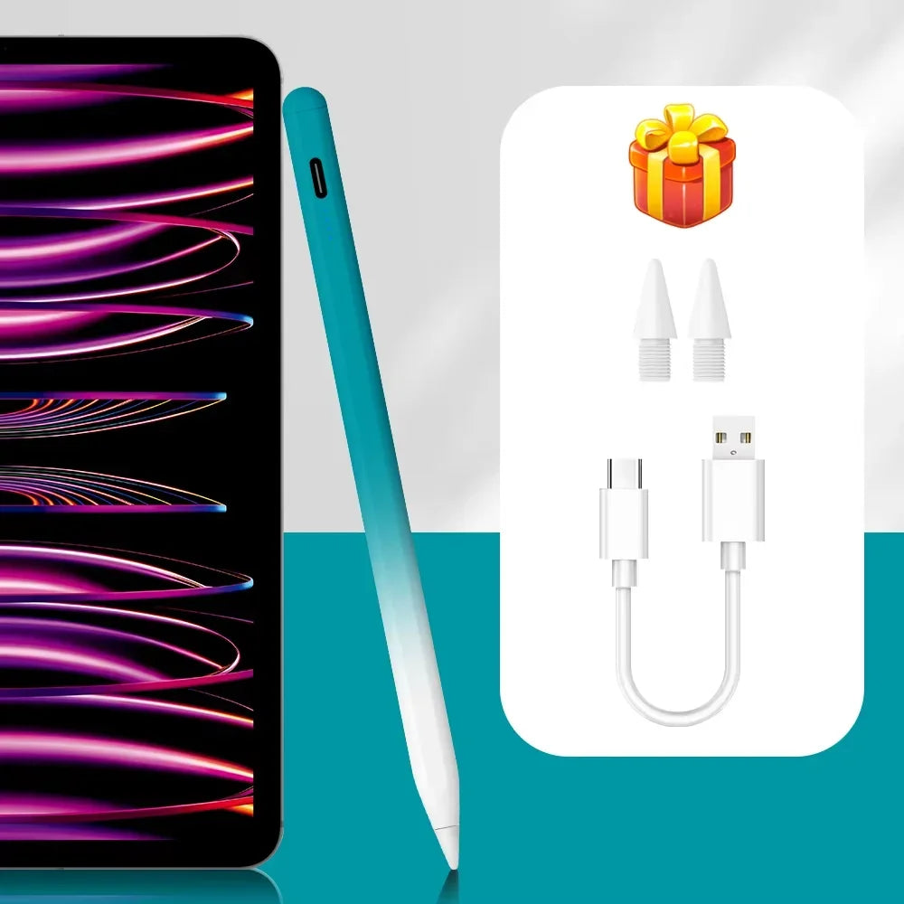A blue precision stylus pen with an LED indicator and charging cable shown next to an iPad.