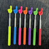 A set of colorful telescopic stainless steel teaching pointers with various colored grips.