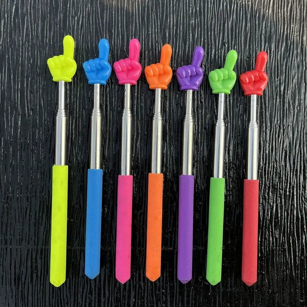 A set of colorful telescopic stainless steel teaching pointers with various colored grips.
