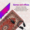 A red and beige vintage Persian rug mouse pad with a black gaming mouse and headset resting on it.