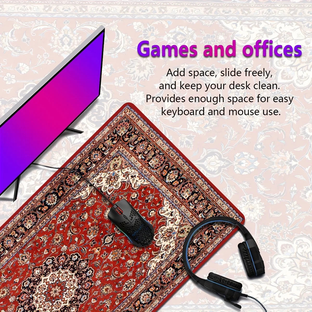 A red and beige vintage Persian rug mouse pad with a black gaming mouse and headset resting on it.