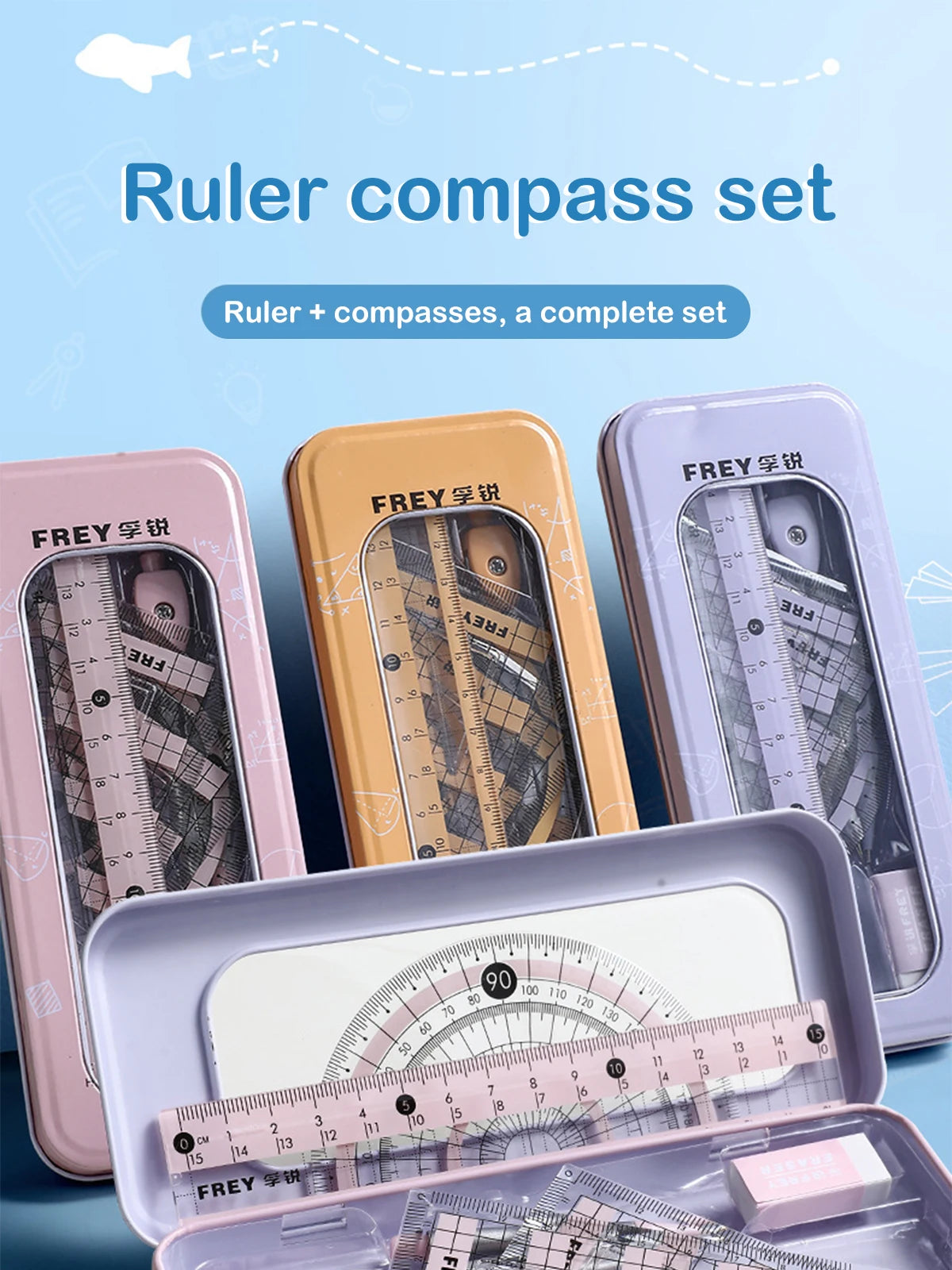 Un juego de reglas y compases matemáticos de metal de precisión en varios colores sobre un fondo azul claro.
