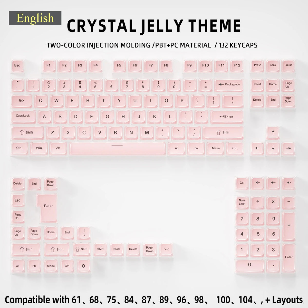 A set of 132 crystal jelly theme two-color injection molded PBT+PC keycaps for mechanical keyboards.