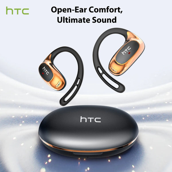 A pair of gold and black open-ear headphones resting above a black charging case.