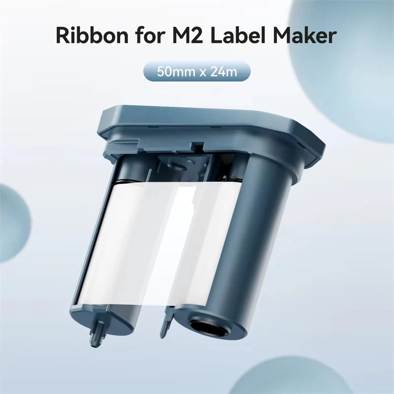 A close-up view of a blue ribbon for an M2 label maker, showing the transparent film inside.