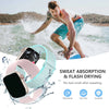 A man is exercising in water while a pink and light blue adjustable sport hook and loop watch strap is shown below.