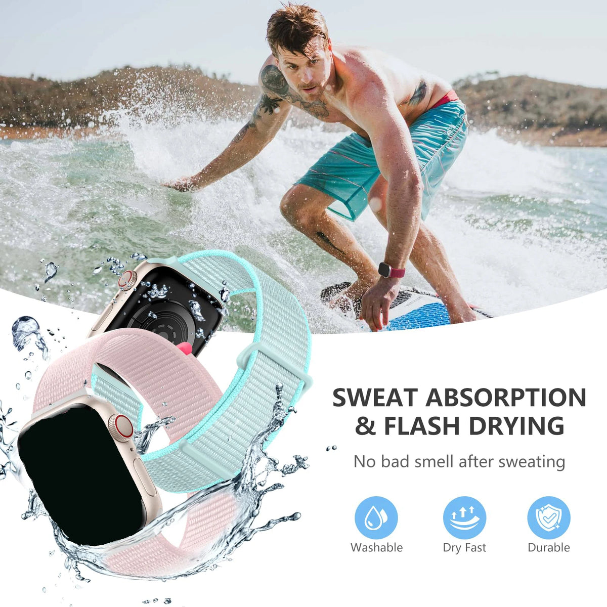 A man is exercising in water while a pink and light blue adjustable sport hook and loop watch strap is shown below.