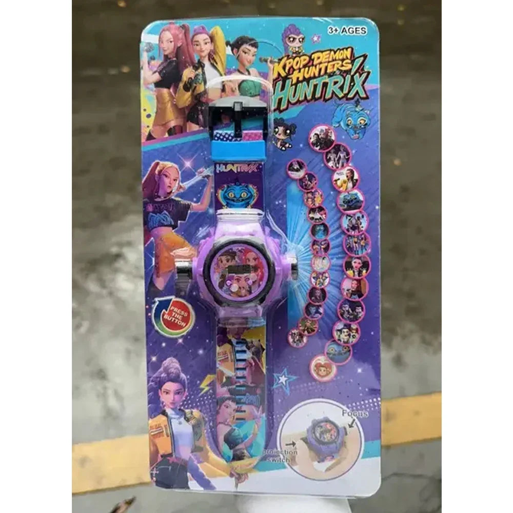 A colorful wrist watch featuring a 3D projection of K-Pop Demon Hunters characters for kids.